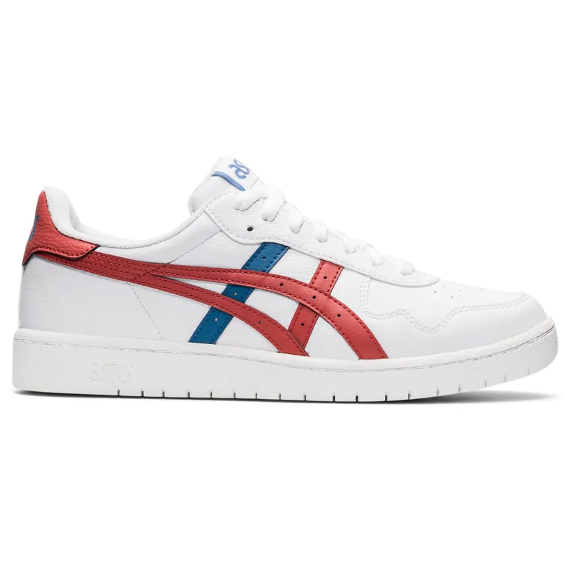 White sneaker with red and blue accents on a white background