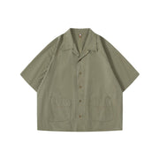 Army green Japanese workwear Cuban collar short sleeve loose fit shirt front view