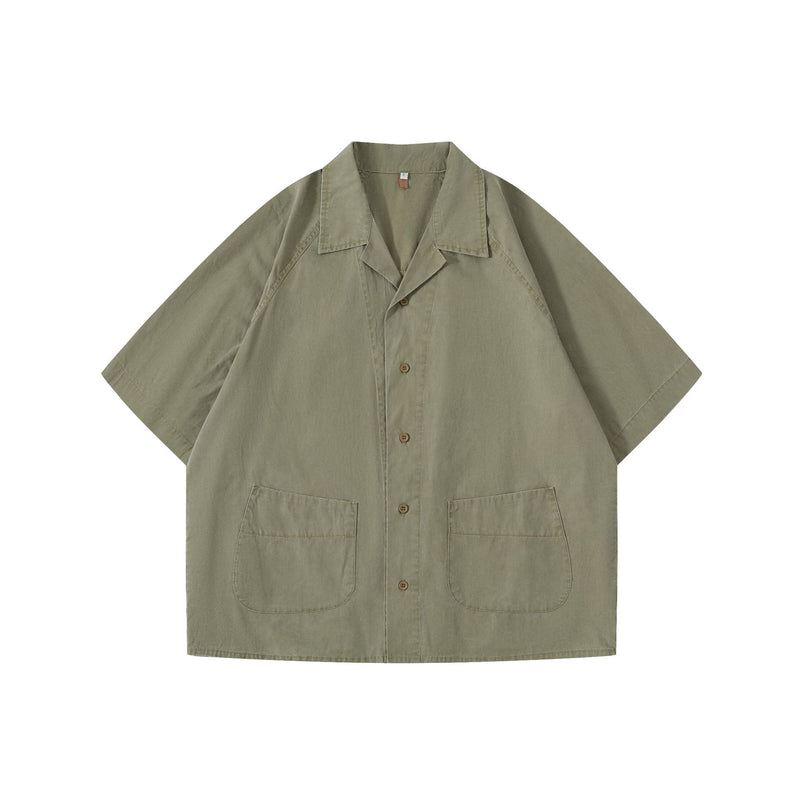 Army green Japanese workwear Cuban collar short sleeve loose fit shirt front view