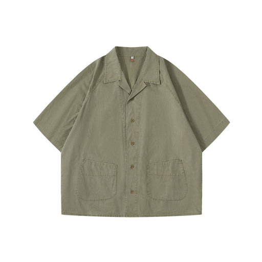 Army green Japanese workwear Cuban collar short sleeve loose fit shirt front view