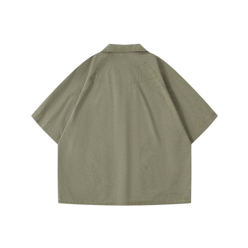 Back view of army green oversized Japanese workwear short sleeve shirt