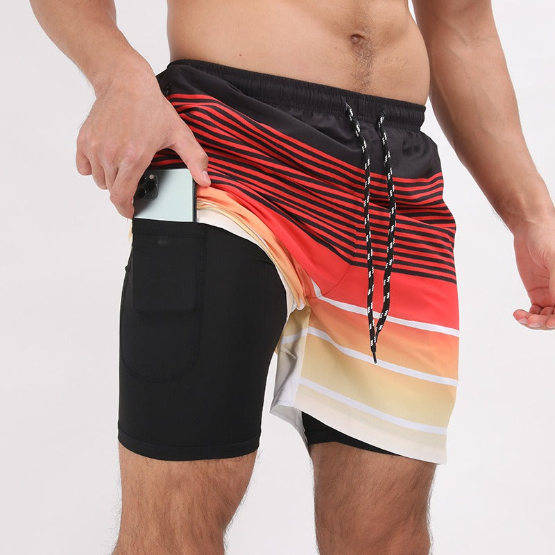 Men’s Double-Layer Beach Sports Shorts – Printed Activewear