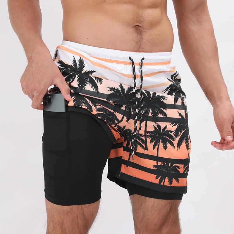 Men’s Double-Layer Beach Sports Shorts – Printed Activewear