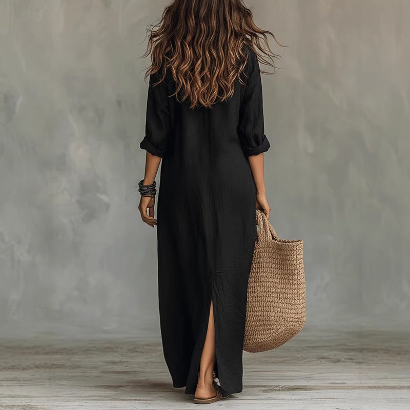 Summer Casual Solid Color Turn-Down Collar Front Slit Long Dress