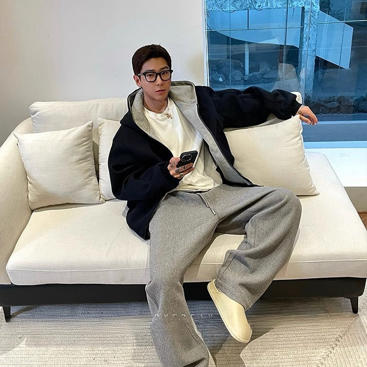 Double zipper hooded sweatshirt jacket for men