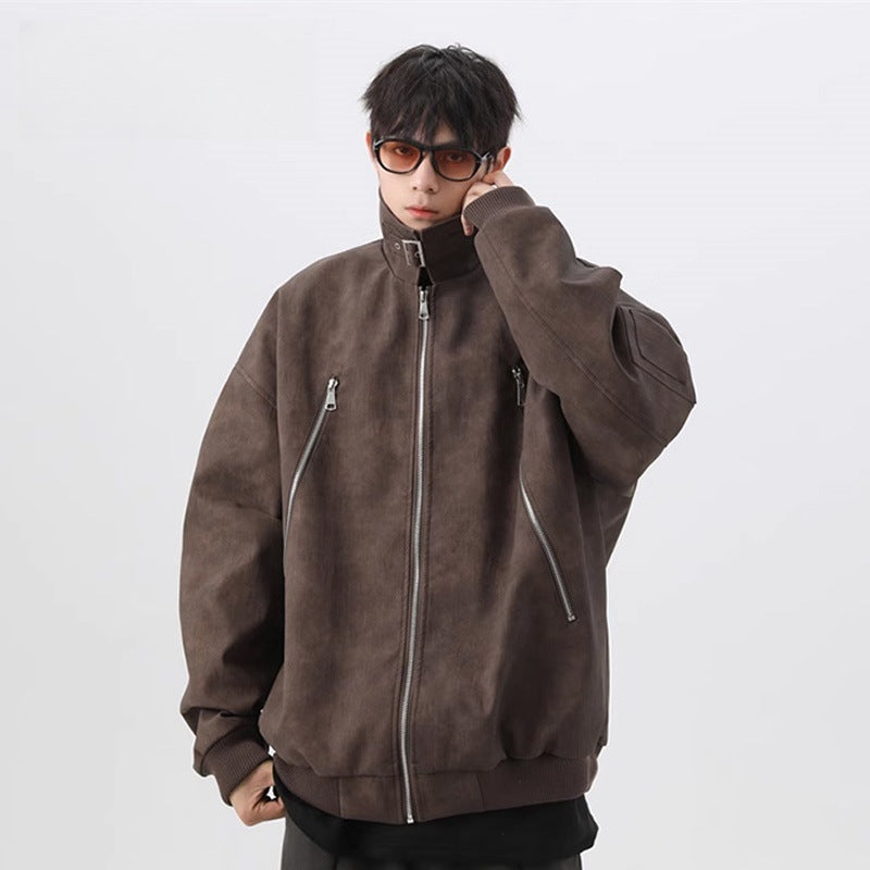 Retro collar PU leather jacket for men