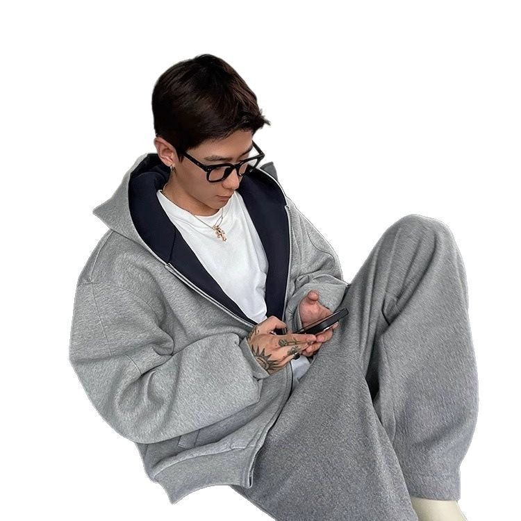 Double zipper hooded sweatshirt jacket for men