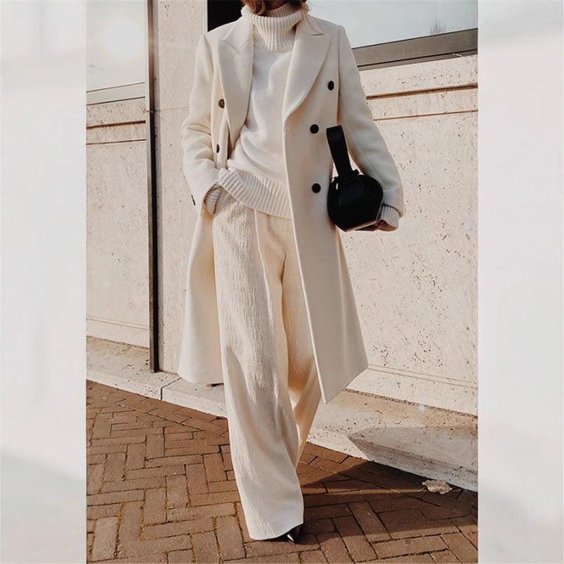 Fall/Winter New Women's Long Sleeve Notched Collar Solid Color Double Breasted Slim Fit Coat