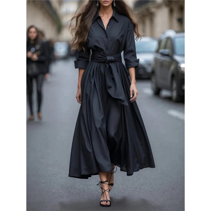 Solid color lace up POLO collar dress jacket long skirt coat