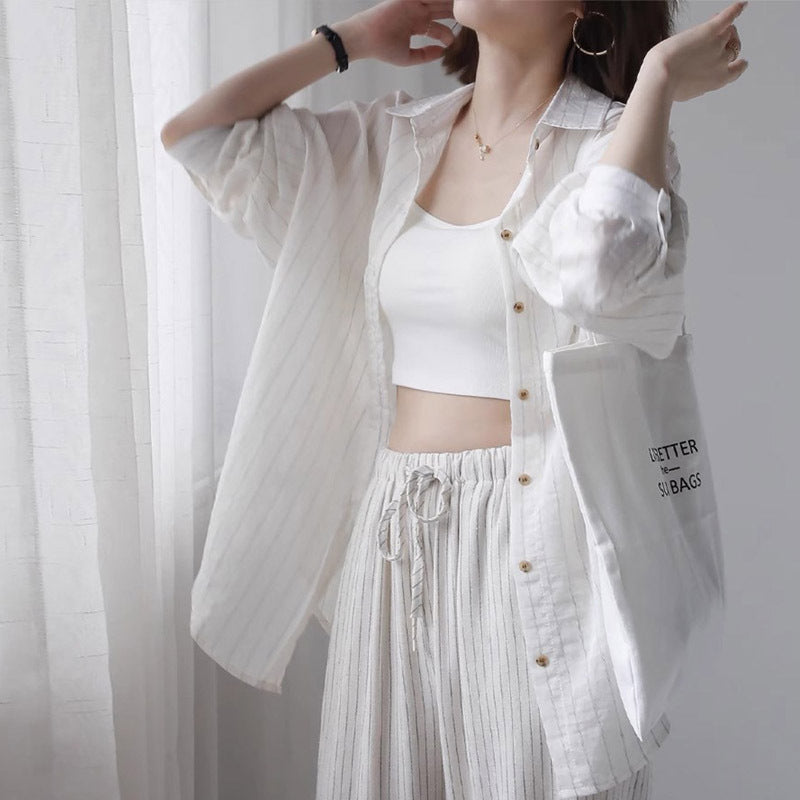 Warm Striped Cotton Linen Long Sleeve Shirt for Women, Loose Fit, Mid-Length, Casual Outerwear Top