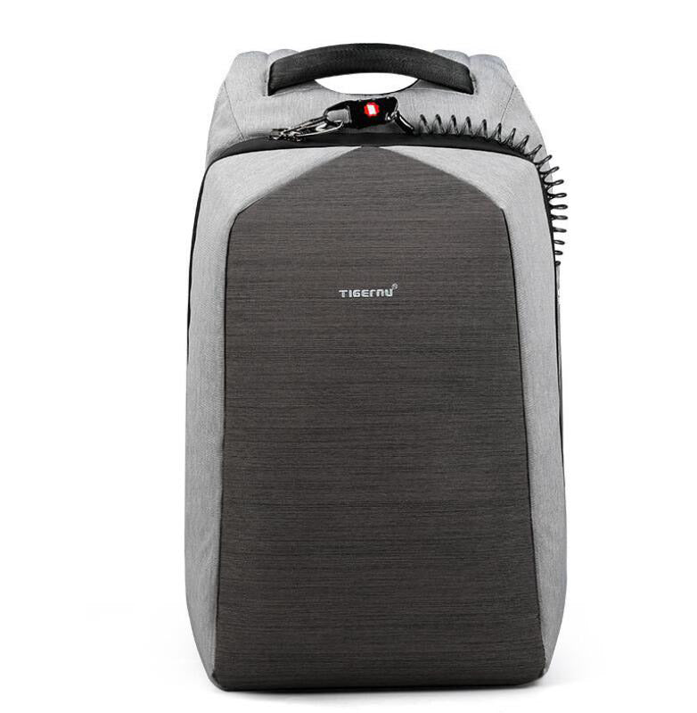 Light grey anti-theft laptop backpack with dark front panel and integrated security lock.