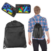 Black drawstring carrying bag for the push-up board shown on a model's back.