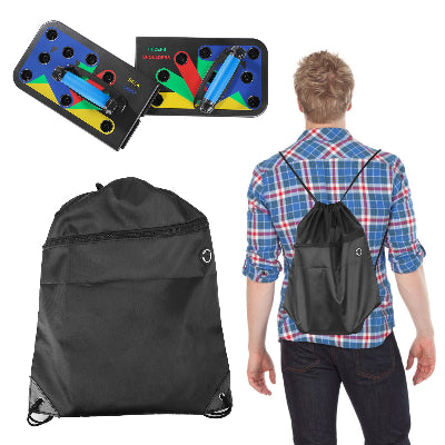 Black drawstring carrying bag for the push-up board shown on a model's back.