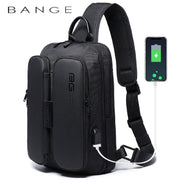 Angled view of the BANGE Anti-Theft USB Crossbody Sling Bag in black, highlighting the USB charging port and adjustable crossbody strap.