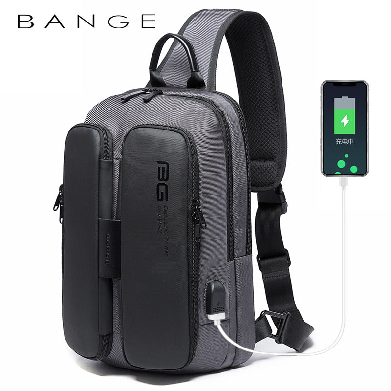 Front view of the BANGE Anti-Theft USB Crossbody Sling Bag in gray, featuring multiple exterior pockets and a built-in USB charging port.