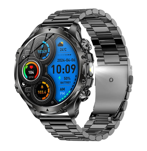 Men’s luxury smart watch in black steel with blue digital display – fitness tracker, heart rate monitor, waterproof design.