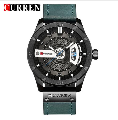 Front view of the CURREN men’s watch with a black blue leather strap and black case on a white background.