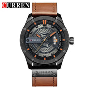 Front view of the CURREN men’s watch with a brown leather strap and black case on a white background.