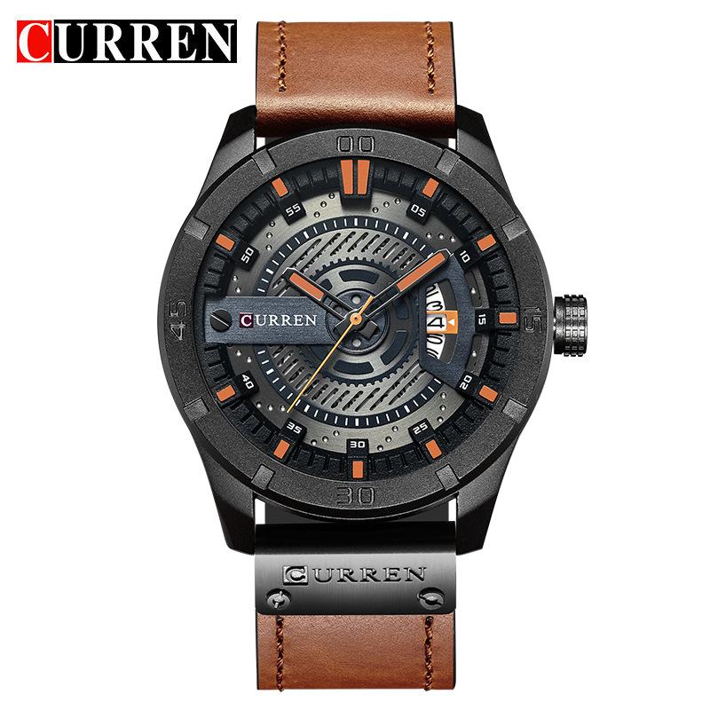 Front view of the CURREN men’s watch with a brown leather strap and black case on a white background.