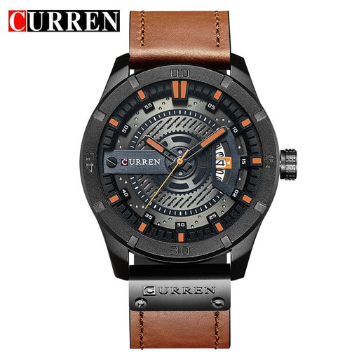 Front view of the CURREN men’s watch with a brown leather strap and black case on a white background.