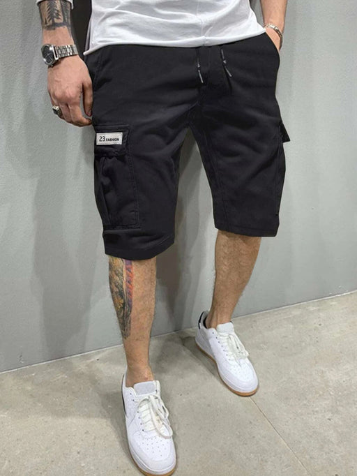 Men wearing black straight leg cargo beach shorts
