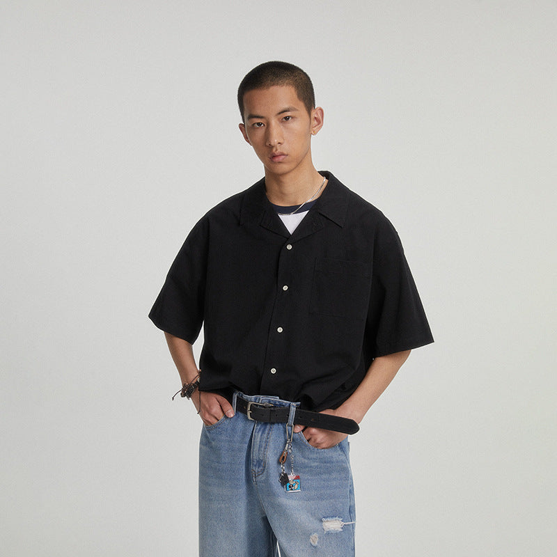 Men’s black Cuban collar short sleeve shirt with relaxed casual streetwear fit