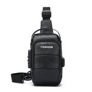 Black men’s USB charging leather sling bag with lockable side compartment.