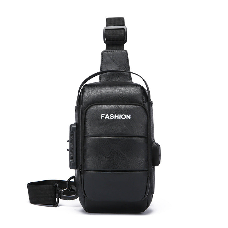 Black men’s USB charging leather sling bag with lockable side compartment.