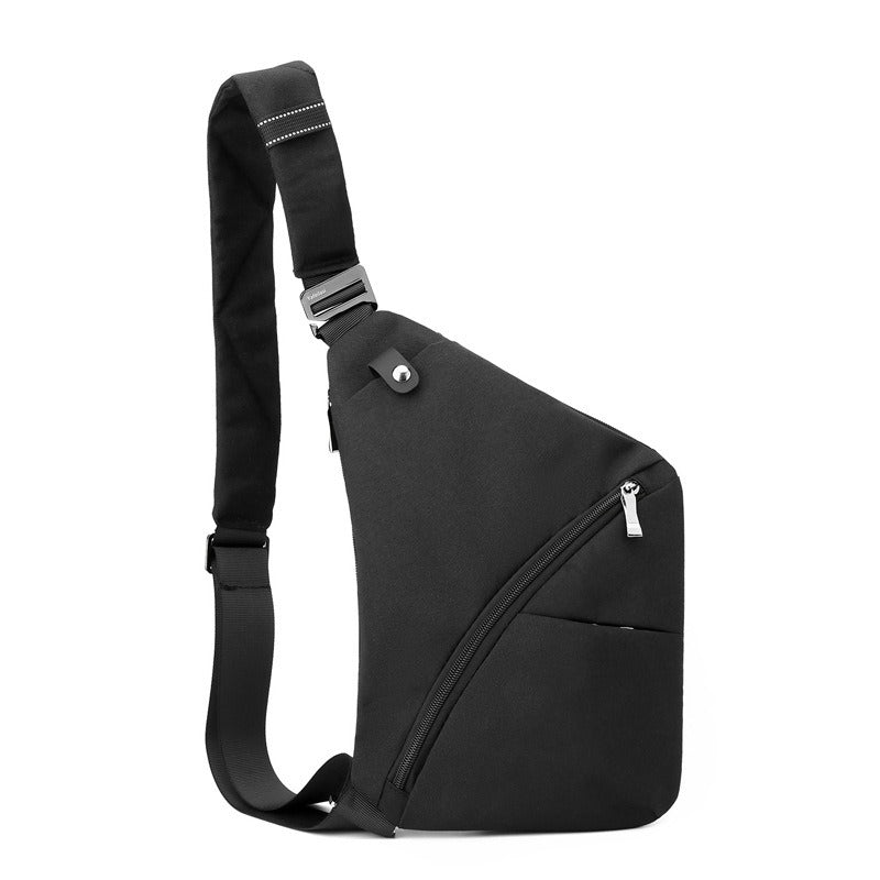 Black tactical crossbody sling bag for left-shoulder carry, with multiple secure zippered compartments and ergonomic shape.
