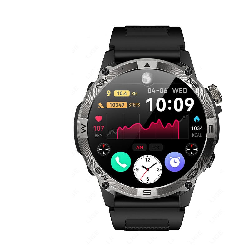 Men’s black outdoor smartwatch with full digital multi-function display for fitness and activity tracking.