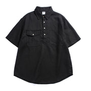 Black men’s retro workwear polo shirt with multi-pocket detail and loose fit style