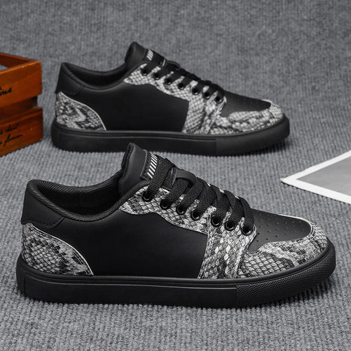 Black men' snake print sneakers with low top thick sole casual streetwear style