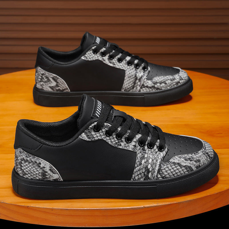 Black breathable snake print sneakers for men with thick sole casual streetwear look