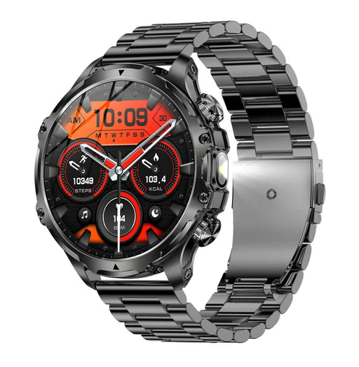 Men’s premium smart watch in black steel with red digital display – multi-function sports smartwatch for daily use.