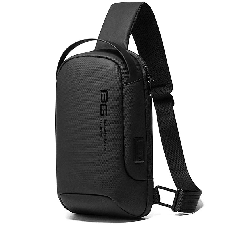 Front view of the BANGE Waterproof Tech Sling Bag in black with a sleek minimalist design and adjustable strap.