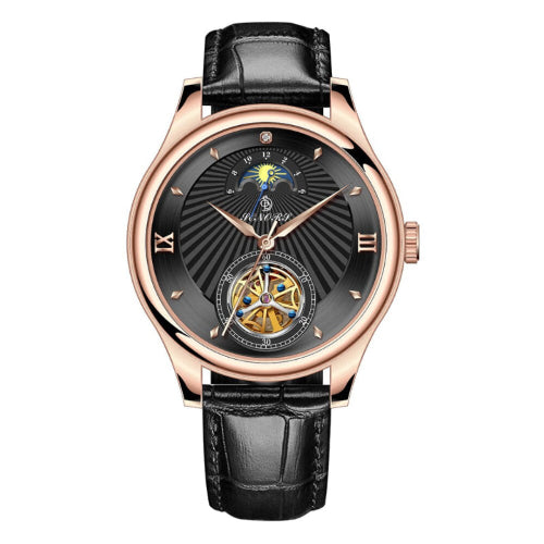 Men’s automatic tourbillon watch with a black dial, rose-gold case, sun-moon sub dial, and black leather strap