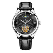 Men’s tourbillon wristwatch with a black dial, silver stainless-steel case, dual subdials, and black leather strap.