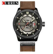 Front view of the CURREN men’s watch with a black kaki leather strap on a white background.