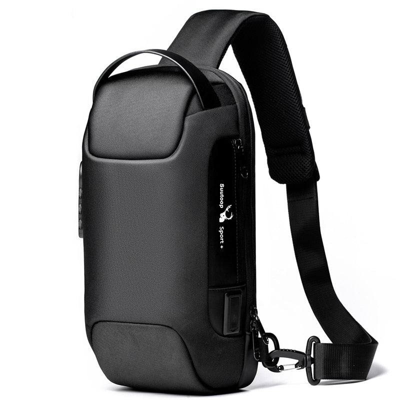 Men’s anti-theft sling bag in black, sleek front design with waterproof material and USB charging port.