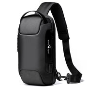 Side profile of black anti-theft sling bag showing durable zipper and ergonomic strap