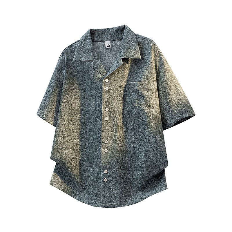 Blue textured loose fit Cuban collar short sleeve shirt for men