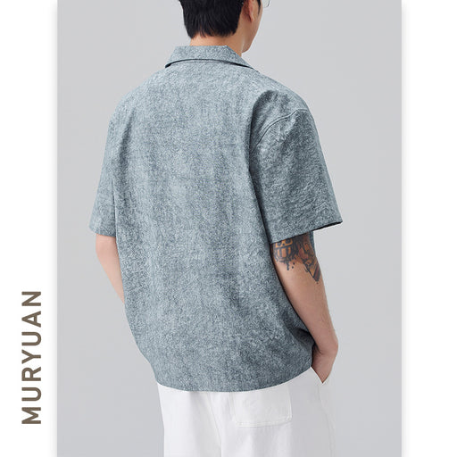Back view of blue textured Japanese casual short sleeve Cuban collar shirt