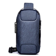 Blue textured anti-theft sling bag with water-resistant fabric and secure zipper compartments.
