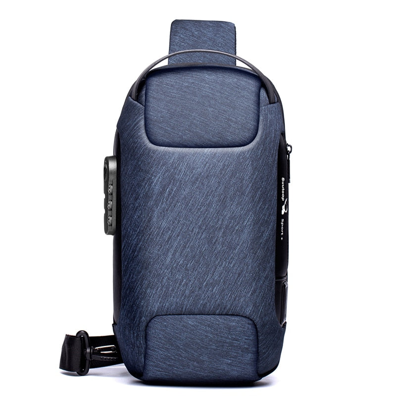 Blue textured anti-theft sling bag with water-resistant fabric and secure zipper compartments.