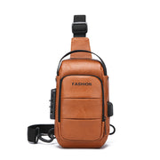 Men’s brown USB charging crossbody sling bag with adjustable strap and secure pockets.