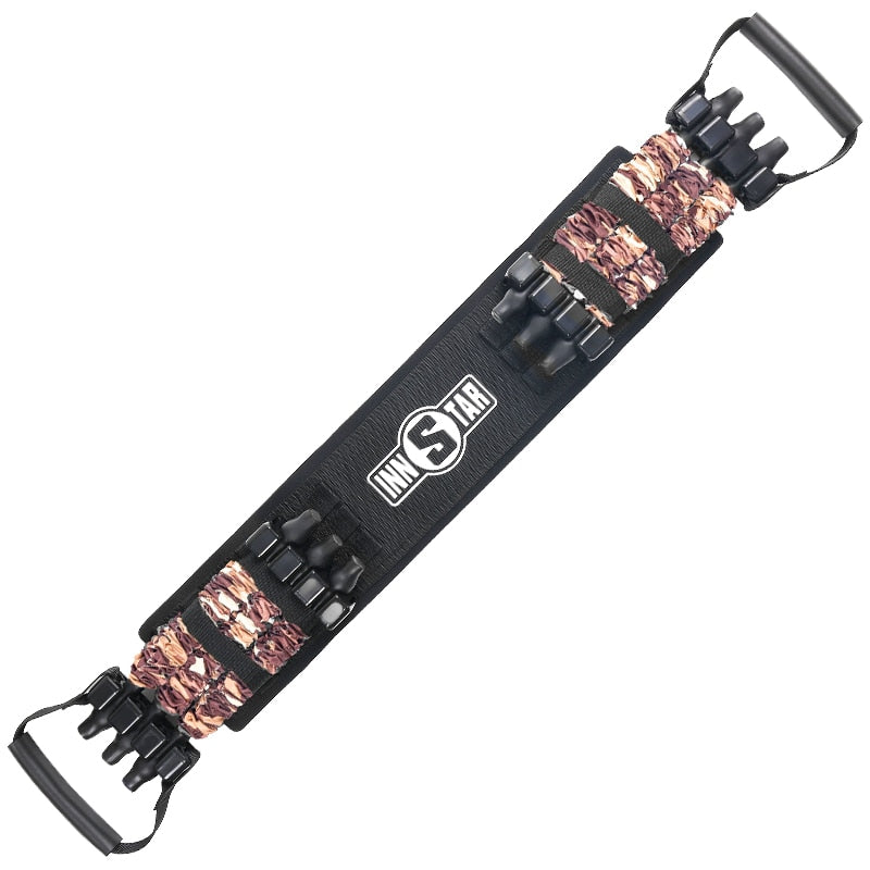 Brown camo adjustable push-up resistance band with detachable buckles and triple elastic tubes for chest and upper body training. 