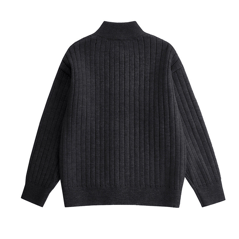 Loose Knit Cardigan for Men with Stand Collar and Solid Color Ribbed Design