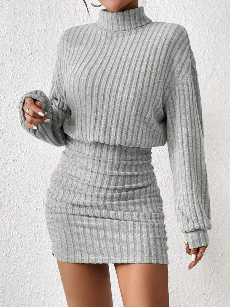 Hip hugging long sleeved high neck striped knitted sexy dress