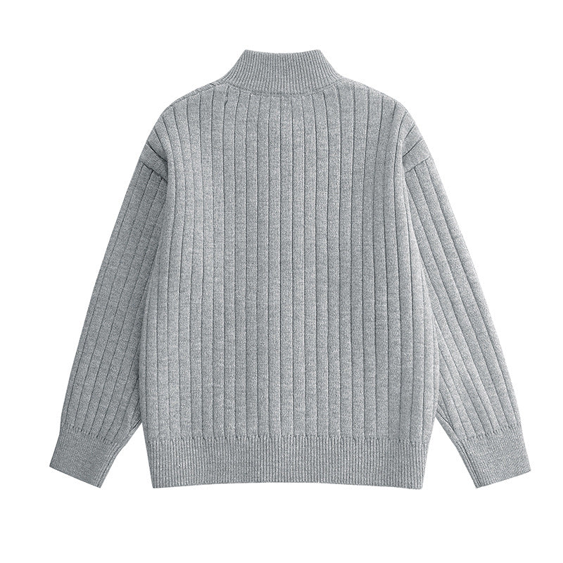 Loose Knit Cardigan for Men with Stand Collar and Solid Color Ribbed Design