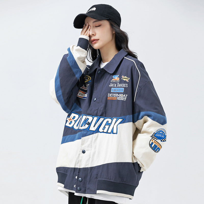 Color-Blocked Spliced Turn-Down Collar Jacket for Men and Women